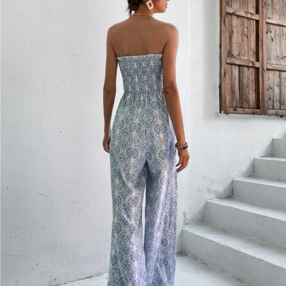 Light blue and white strapless, wide leg jumpsuit